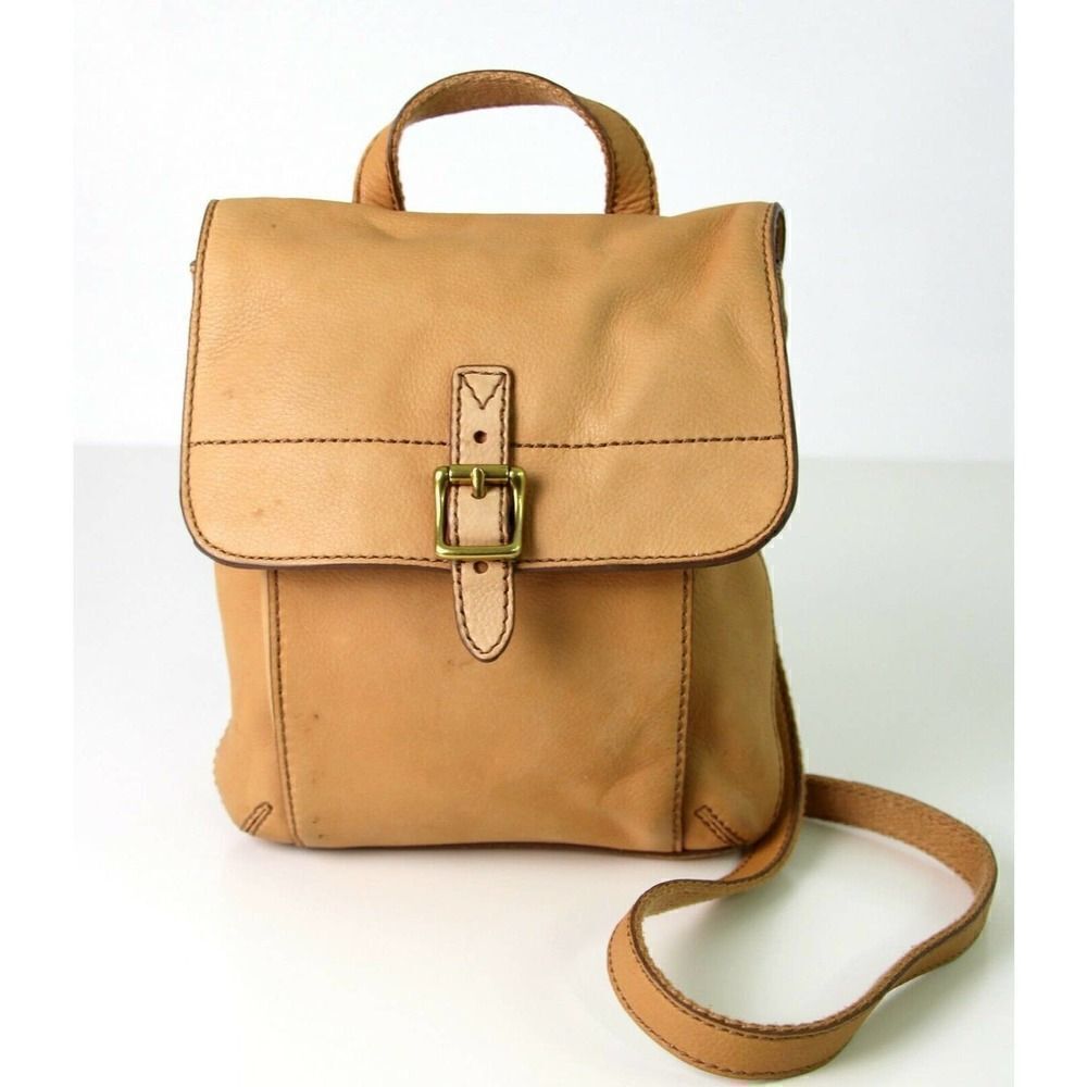 FOSSIL SOFT BEIGE TAN GENUINE LEATHER SMALL MESSENGER SHOULDER BAG HANDBAG PURSE